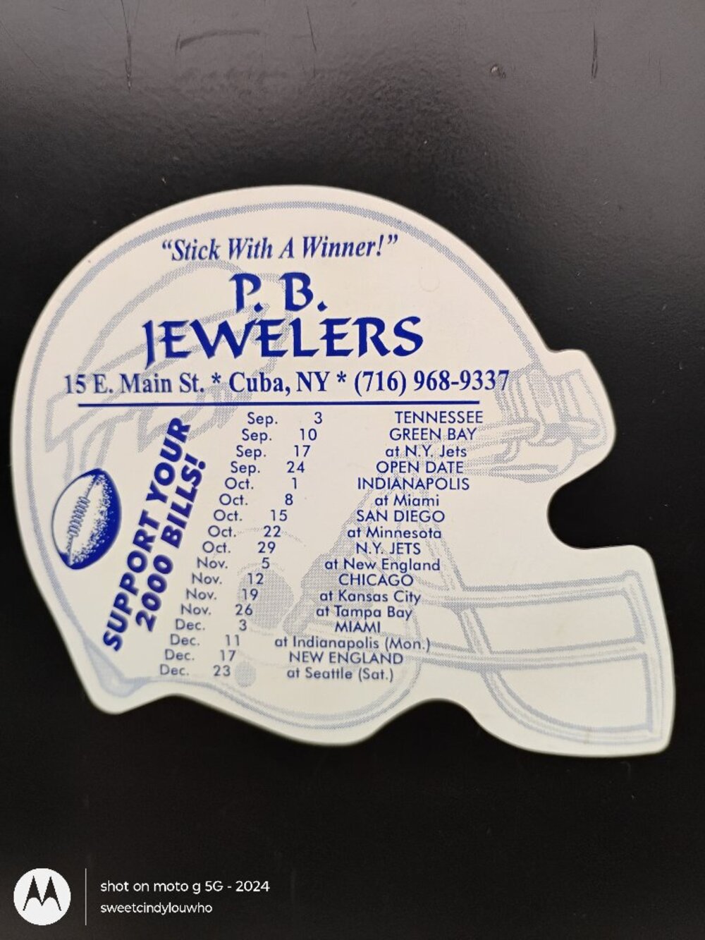 vintage 2000 Buffalo Bills season schedule promo magnet PB Jewelers Cuba NY